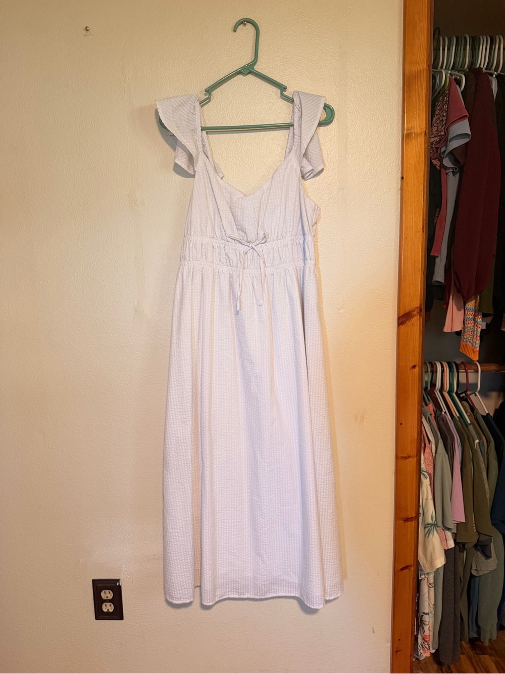 SO Light Blue Seersucker Midi Dress with Flutter Straps